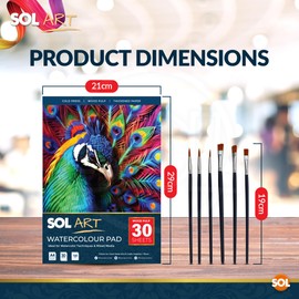 SOL 30 Sheets Watercolour Paper A4 Pad with 6pk Watercolour Brushes, A4 Watercolour Paper Pad for Artist and Beginner, Watercolour Sketchbook A4 for Art, Perfect Watercolour Painting Paper