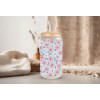 Mugzan Pink Cute Flowers Frosted Glass Can W Bamboo Lid
