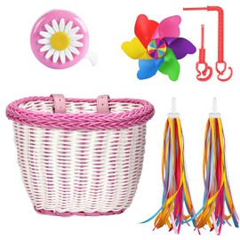 Kids Bike Basket Set Handwoven Cycle Basket with Straps, Bike Windmill, Bicycle Tassels and Cycling Bell, Bicycle Basket Bike Accessories for Boys Girls Bicycle Scooter Balance Bike (Rainbow)