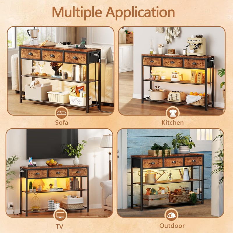Furologee Console Table with Charging Station & 3 Fabric Drawers,