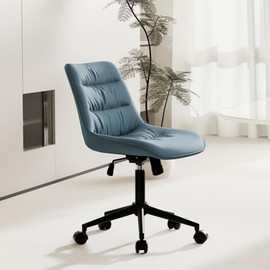 Rowill Office Chair with Wheels, Armless Swivel Desk Chair with Adjustable Height, Modern Rolling Faux Leather Task Chair for Home Office, Blue