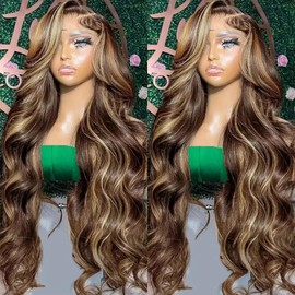 Caijuxing 4/27 Highlight Lace Front Wigs Human Hair Body Wave 13x6 HD Lace Frontal Wig Ombre Body Wave Lace Front Wig Human Hair Pre Plucked Highlight Lace Front Wig Human Hair 180% Density (22 Inch)