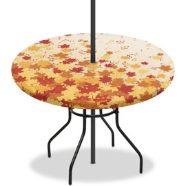 YUVAMAGIMO Round Fitted Tablecloth with Maple Leaves Elastic Outdoor Patio Tablecloth with Umbrella Hole and Zipper Machine Washable Round Table Cover Fall Decorations for Home
