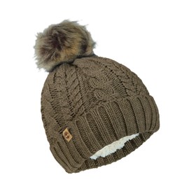 Timberland Women’s Cable Knit Faux Fur Pom Beanie - Soft Winter Hat, Ribbed Cuff, Warm Lining, Stylish Cozy Cold Weather Wear, Chocolate Chip, One Size