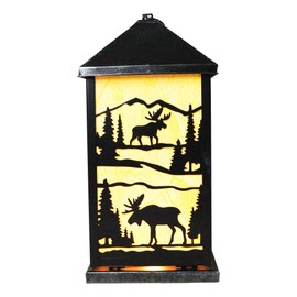 Ebros Gift Rustic Country Western Scenic Pine Trees Forest Mountains Silhouette House Shaped Electric Metal Lantern Nightstand Lamp Light Or Wall Shadow Caster Lighting Accent (Elk Moose)
