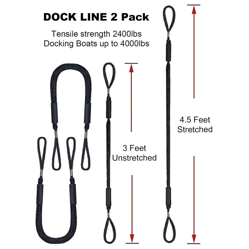 2PCS Dock Lines 3FT Premium Bungee Boat Lines Boat Accessories