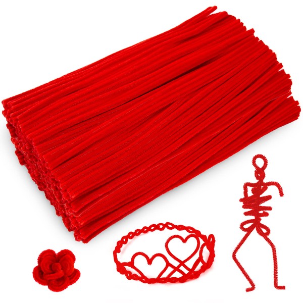 Caydo 300 Pieces Red Pipe Cleaners Craft Supplies Flexible Chenille Stems for Kids for DIY Craft Projects, Party Decoration, 6mm x 12inch