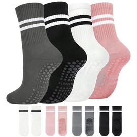 MOBOOY 4 Pairs Non Slip Yoga Grip Socks Women, Anti Slipper Pilates Grippy Socks Ladies Mid-Calf Grip Sock Breathable Cotton Sock for Ballet, Dance, Workout, Fitness, Running