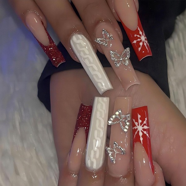 Christmas Press on Nails Long Coffin Snowflake Fake Nails, Red