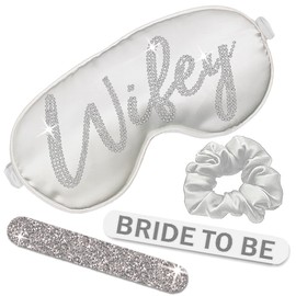 Bride Sleep Mask - Set Includes: (1) Rhinestone Wifey White Bridal Grade Satin Mask, (2) Silver Bride to Be Nail Files, & (1) White Scrunchie - Favor Set(SvB2BFil / RSWfyMskScr) Wht