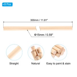 PATIKIL 3/5x11.81inch Wooden Dowel, 8 Pcs Dowel Rod Wood Dowels Wood Sticks Unfinished Round Hardwood for Crafts DIY Home Decor 15mm x 300mm