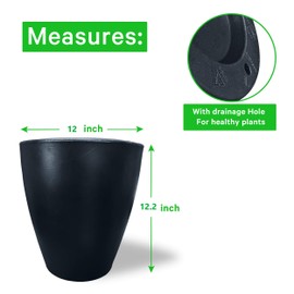 Elly Décor 12 inch Large Round Modern Garden Planter Pot with Drainage, Lightweight & Extremely Durable| for Patio Deck Indoor Outdoor Flower Black, 12" x 12"