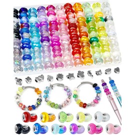 143PCS FIVEIZERO European Large Hole Beads for Jewelry Making – 12 Colors Glass Big Hole Spacer Beads with Metal Charms for Bracelets, Necklaces, Pens & DIY Crafts
