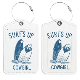 LARTSFRO Blue Summer Beach Luggage Tags for Suitcases, Surf's up Cowgirl surf Board Sign, Preppy Luggage Tag, Back to School, Trendy 2 Pack Luggage Tags for Travel, Teen Girls Gifts Suitcase Tags
