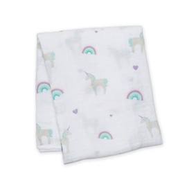 Lulujo Baby 100% Cotton Muslin Swaddle Blanket, 47 x 47-Inches, Rainbows and Unicorns
