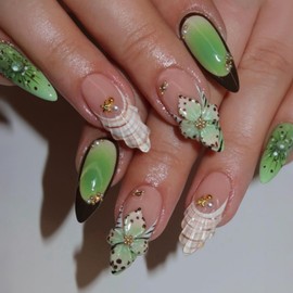 French Tip Press on Nails Almond Medium Fake Nails Press ons French Manicure Nails Acrylic Nails Press on Floral False Nails Artificial Nails with Designs Stick on Nails for Women 24pcs