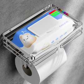 Extra Large Wipes Holder - Adhesive & Wall Mounted Toilet Paper Holder with Shelf, Stainless Steel Toilet Rolls Holder, Silver Waterproof