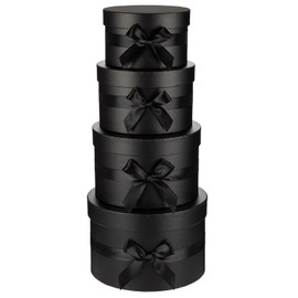Arborus Black Gift Boxes with Lids and Bow Set of 4 Round Gift Boxes for Presents Luxury Hat Box Paper Flower Box for Wedding Birthday Valentines Bridesmaid Christmas Party