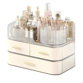 DASITON Makeup Organizer with Drawers and Rotating Makeup Brush Holder,Large Capacity Stackable Cosmetic Organizer Countertop,Bathroom Organizers and Storage,Make up Organizers for Vanity (Cream 03)