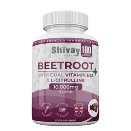 Beetroot Complex 10,000mg with Dual Vitamin B12, L-Citrulline, Black Pepper - 180 Vegan Capsules | High Strength Beetroot Supplement | 6% Nitrates – Energy, Fatigue Reduction | UK Made Shivay Herbals