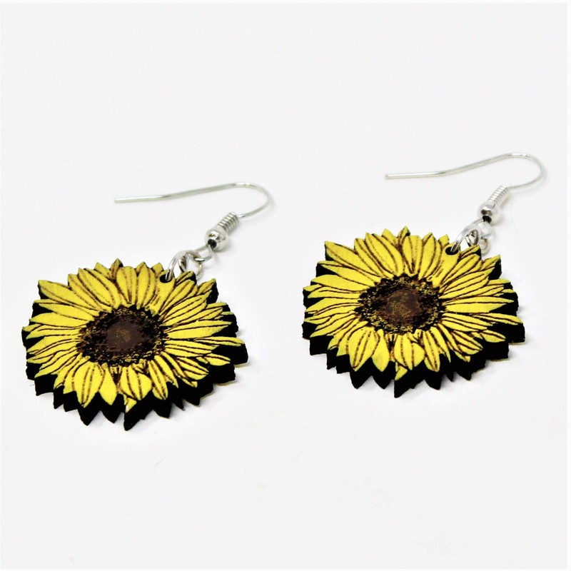 Hand-Painted Wood Sunflower Dangle Earrings