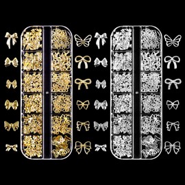Gold Silver Bows Nail Charms, 2 Boxes Metal Nail Art Decoration, Alloy Glitter Stones Nail Gemstones Decoration for Nail Design Accessories (Gold + Silver Nail Bows)