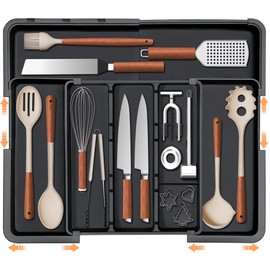Spaclear Large Utensil Drawer Organizer Expandable Silverware Organizer for Kitchen Drawer Adjustable Cooking Utensil Holder Cutlery Flatware Tray Spatula Tools Gadgets Storage Dividers Plastic Black