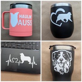 Australian Shepherd Decal 4 Pack: Haulin' Auss, Aussie Heartbeat, Australian Shepherd Heart, Detailed Aussie Face Decals (Small ~3.5", White)