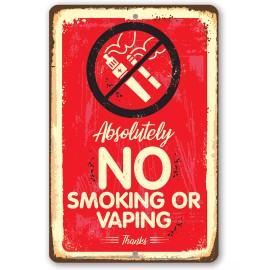 Lone Star Art Metal Sign - Absolutely No Vaping Or Smoking - Durable Metal Sign - 8" x 12" Art