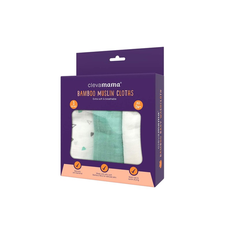 Clevamama Bamboo Muslin Cloth Set - Grey/Mint (3pk),
