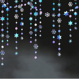 4Pcs Glitter Iridescent Snowflake Garland, BetterJonny Holographic Hanging Paper Snowflake Streamer Backdrop Party Decoration Glitter Paper Hanging Bunting Banner Background for Birthday Wedding Decor
