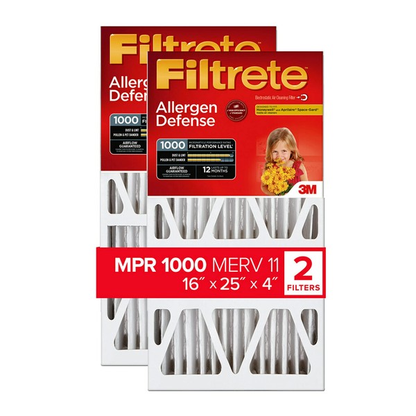 Filtrete ADP01-2PK-2 16x25x4 AC Furnace Air Filter, MPR 1000, Fits Honeywell and Lennox Devices, Micro Allergen Defense Deep Pleat, 2-Pack (Actual Dimensions 15.88 x 24.56 x 4.31), 2 Count