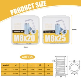 Nutmanel Pack of 40 Screw Nuts, M6 x 25 mm/M8 x 20 mm Hexagon Socket, Threaded Insert Wood Screw-In Nuts, Carbon Steel Screw Sockets Threaded Bushing for Products such as Wooden Furniture with Box