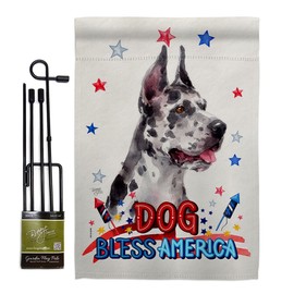 Breeze Decor Patriotic Harlequin Great Dane Garden Flag Set with Stand Animals Dog Puppy Spoiled Paw Canine Fur Pet Nature Farm Animal Creature Small Gift Yard House Banner Made in USA 13 X 18.5
