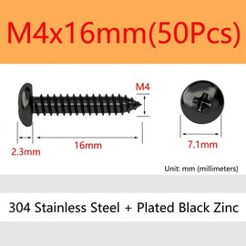 ORANXIN M4 x 16 mm, 50 pieces, round head, wood screws, 304 stainless steel, black zinc plated, self-tapping Phillips pan head, self-drilling screws