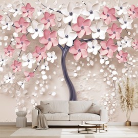 WXHFM - 3D Relief Abstraction Pink Flowers Tree Mural Bedroom Floral Wallpaper Room Decor Living Room tv Background Large Wall Mural - 160"x108" (Not Peel and Stick)