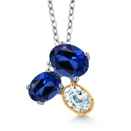 925 Silver and 10K Yellow Gold Blue Created Sapphire and Sky Blue Aquamarine Pendant Necklace For Women (3.10 Cttw, Oval 8X6MM, 7X5MM and 6X4MM, Gemstone September Birthstone, with 18 Inch Chain)