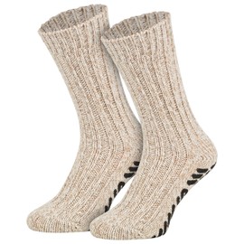 Piarini 2 Pairs of ABS Norwegian Socks Sheep's Wool – Stopper Socks Knitted with Non-Slip – House Socks with Nubs – Wool Socks, 1 x brown + 1 x natural