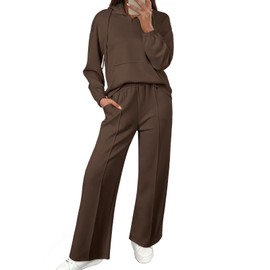 Aleumdr Women's Two Piece Tracksuits Oversized Long Sleeve Hooded Half Zip Kangaroo Pocket Top and High Waisted Pants Lounge Set with Pockets Dark Brown Medium