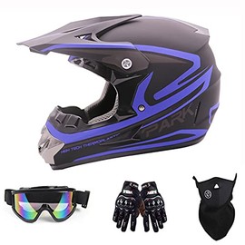Anti-Collision Dirt Bike Helmet Trend Skull ATV DOT Approved BMX Helmet SUV Mask Goggles Gloves,Dirt Bike Downhill Off-Road Mountain Bike Helmet 4-Piece Set (Blue, Small)
