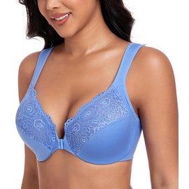 DotVol Front Closure Bras for Women Full Figure Plus Size Underwire Support Lace Racerback Wide Strap(Blue,34DDD)