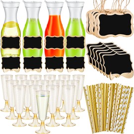 Didaey 74 Pcs Mimosa Bar Supplies 34 oz Plastic Water Carafe with Lids Juice Pitcher Carafes Plastic Champagne Flutes Mimosa Glasses with Wooden Chalkboard Tags Stickers Straws (Gold)