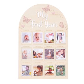 YOUAME My First Year Birthday Wooden Photo Board - Butterfly Themed First Year Milestone Photo Board, 12 Months Baby Girl Birthday Picture Wood Frame, Girls Pink Birthday Party Decorations