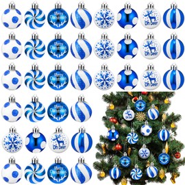Lenwen 54 Pcs Christmas Balls Ornaments Mini Blue and White Christmas Tree Decorations Xmas Striped Dots Shatterproof Plastic Hanging Ornaments for Tree Wreath Holiday Party Decor, 1.18inch