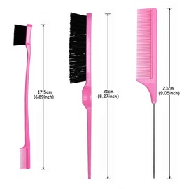 Glattes Styling-Haarbürsten-Set mit doppelseitigen Kantenbürsten, Borstenbürste, Metallnadel, Rattenschwanzkamm, Teasing-Kämm-Set für Friseure, Frauen, Babys, Kinder, Rosa, 3-teilig