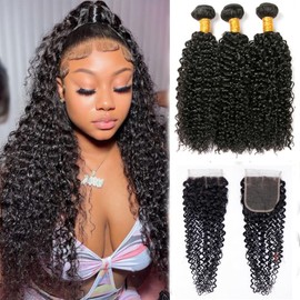 Real Hair Bundles Curly Human Hair Bundles with Closure Kinky Curly Weave Bundles Human Hair Unprocessed Brazilian Human Hair 3 Bundles Human Hair with 4x4 Closure 10 12 14 + 10 Inch Human Hair