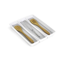 Smart Design Plastic Drawer Organizer - 3-Compartment - Non-Slip Lining & Feet - BPA Free - Utensils, Flatware, Office, Personal Care, or Makeup Storage - Kitchen [White w/Gray]
