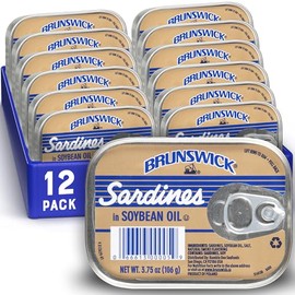 Brunswick Wild Caught Sardines in Soybean Oil, 3.75 oz Can (Pack of 12) - 14g Protein per Serving - Gluten Free, Keto Friendly, Kosher