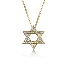 Alef Bet by Paula Star of David Necklace, 14K Gold Plated Sterling Silver, White CZ, 16-18 Inch Chain (Yellow- Clear)