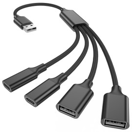 USB Splitter Cable 1 in 4 Out, 2 USB A & 2 USB C Multiport Extender Hub 1FT